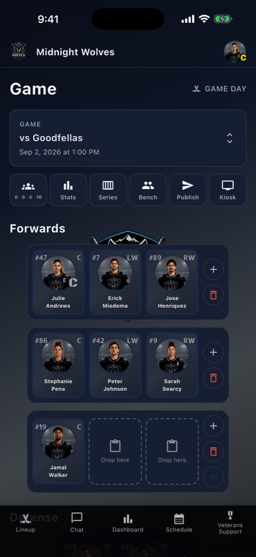 Line Manager lineup builder with players in forward positions