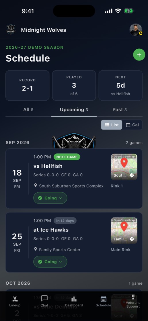 The season schedule with game times and venues