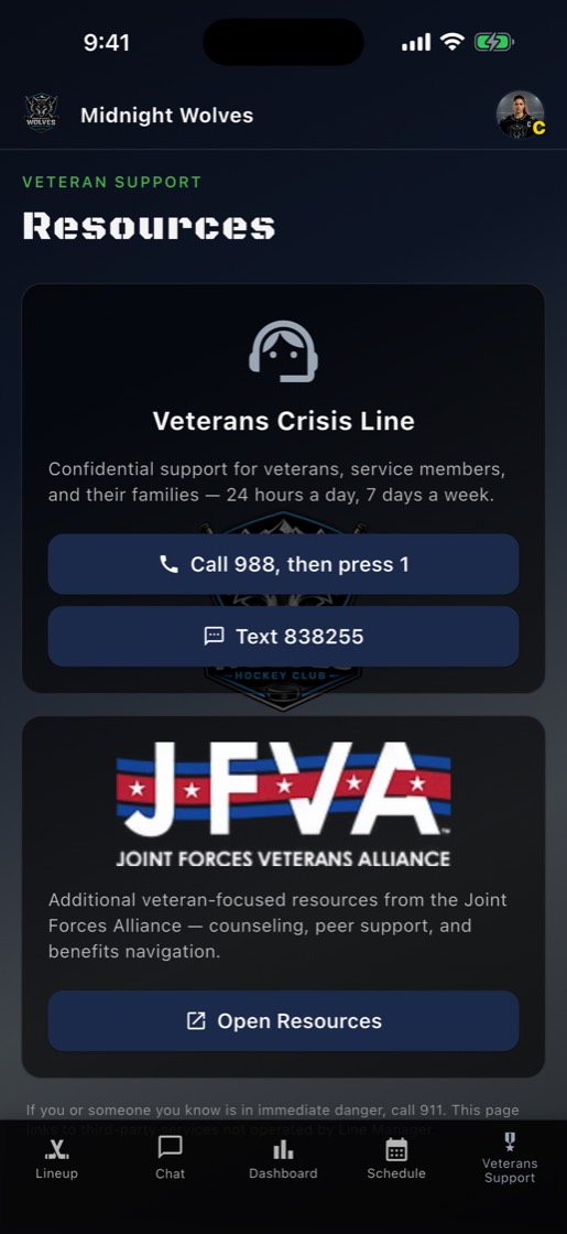 Veteran support screen with crisis line shortcuts